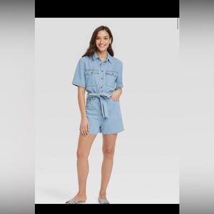 New Universal Thread Blue Denim Short Sleeve Button Belted Romper Size 16